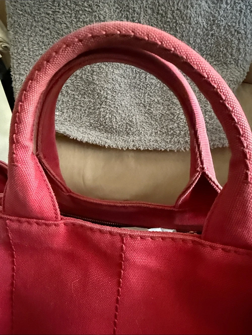 Prada Canapa Pink-Red Canvas Tote with Gold Hardware - Picture 3 of 16